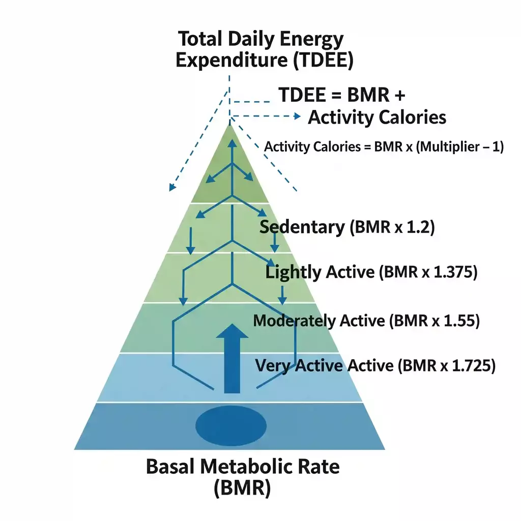 Diagram showing how BMR combines with activity levels to determine TDEE