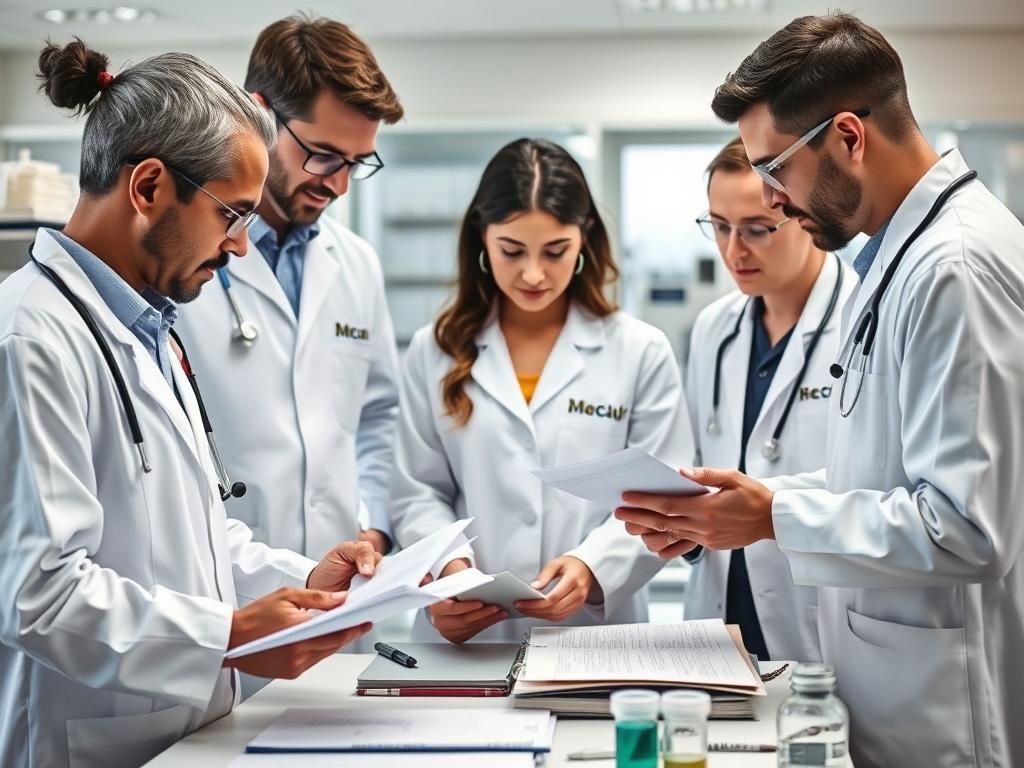 Diverse team of medical professionals collaborating on lab-based health information analysis