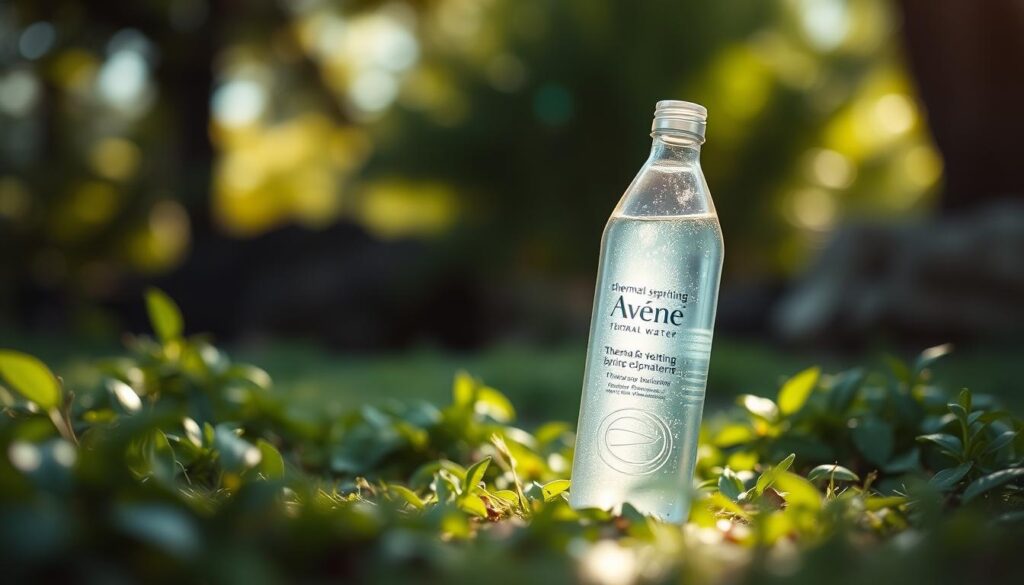 Generate an image of Avène's thermal spring water bottle with a serene, natural background.