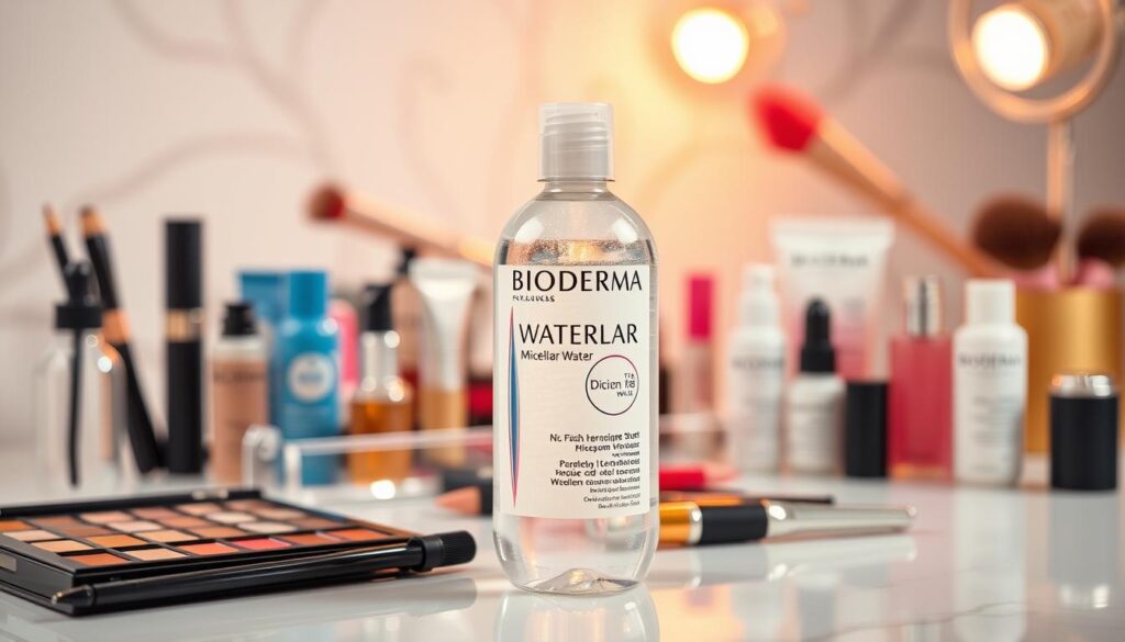 Generate an image of Bioderma's micellar water bottle with a makeup artist's kit in the background.
