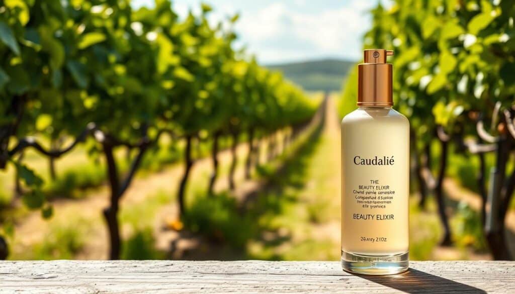 Generate an image of Caudalie's Beauty Elixir bottle with a vineyard background.