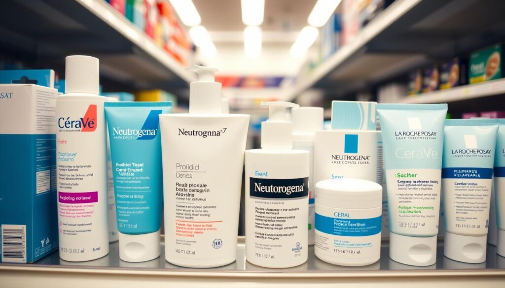 Generate an image of CeraVe, Neutrogena, and La Roche-Posay products side by side on a drugstore shelf. Generate an image of CeraVe, Neutrogena, and La Roche-Posay products side by side on a drugstore shelf.