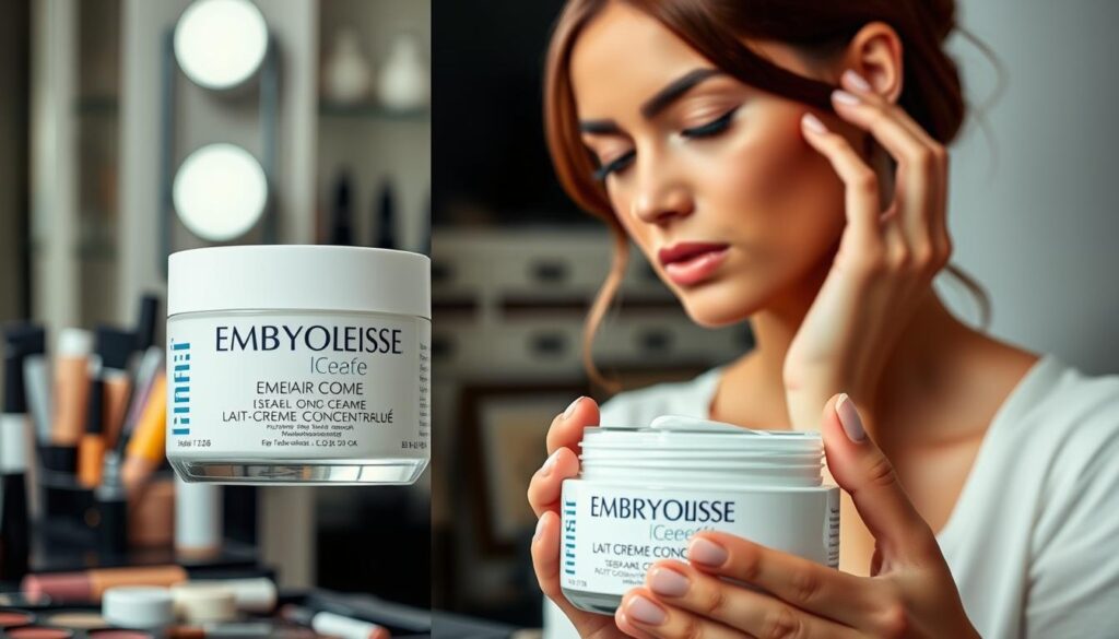 Generate an image of Embryolisse Lait-Crème Concentré jar with a makeup artist applying it to their skin.