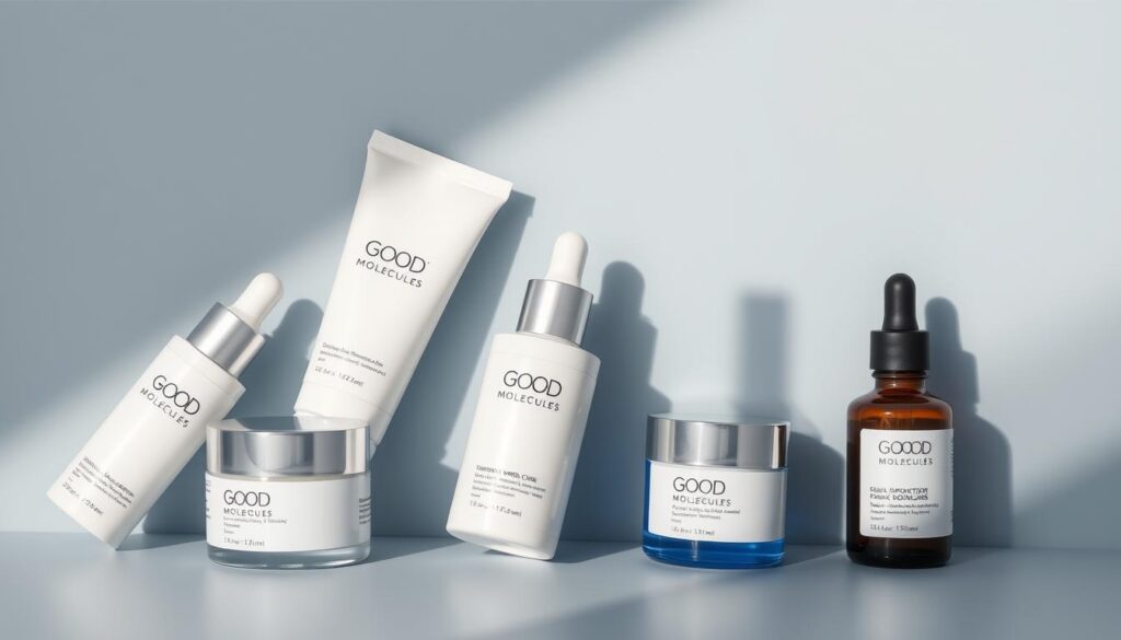 Generate an image of Good Molecules skincare products on a clean, minimalist background. Generate an image of Good Molecules skincare products on a clean, minimalist background.