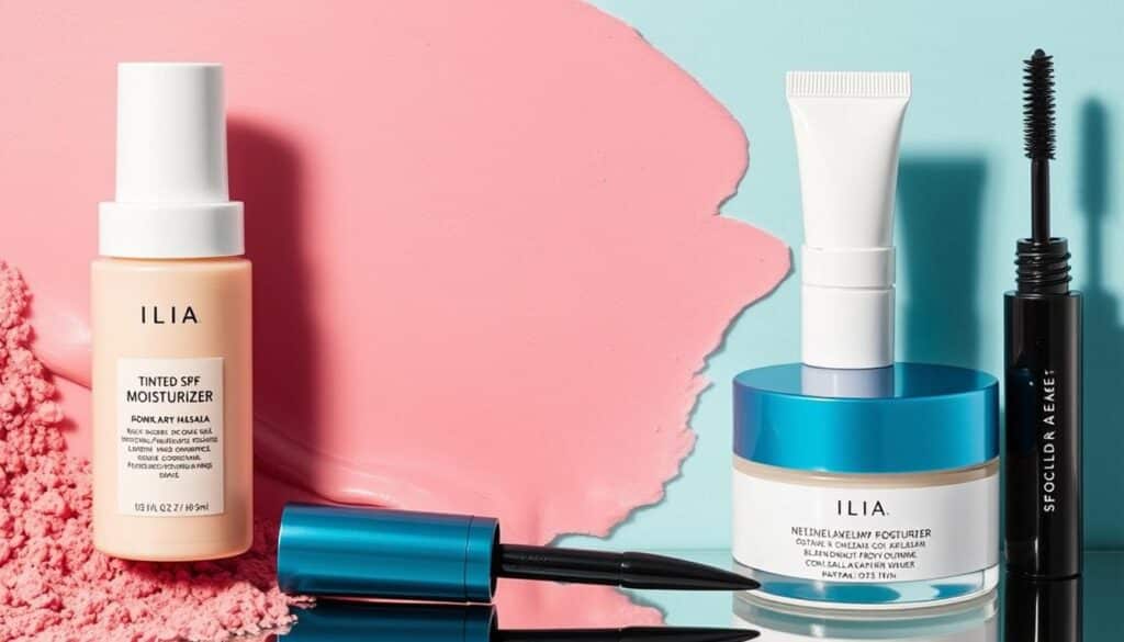 Generate an image of Ilia's Tinted SPF Moisturizer, Mascara, and Brow Gel, highlighting their hybrid makeup and skincare products.