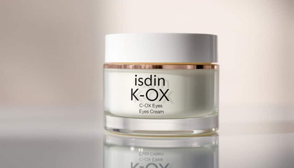 Generate an image of Isdin K-OX Eyes cream jar with a subtle, elegant background.