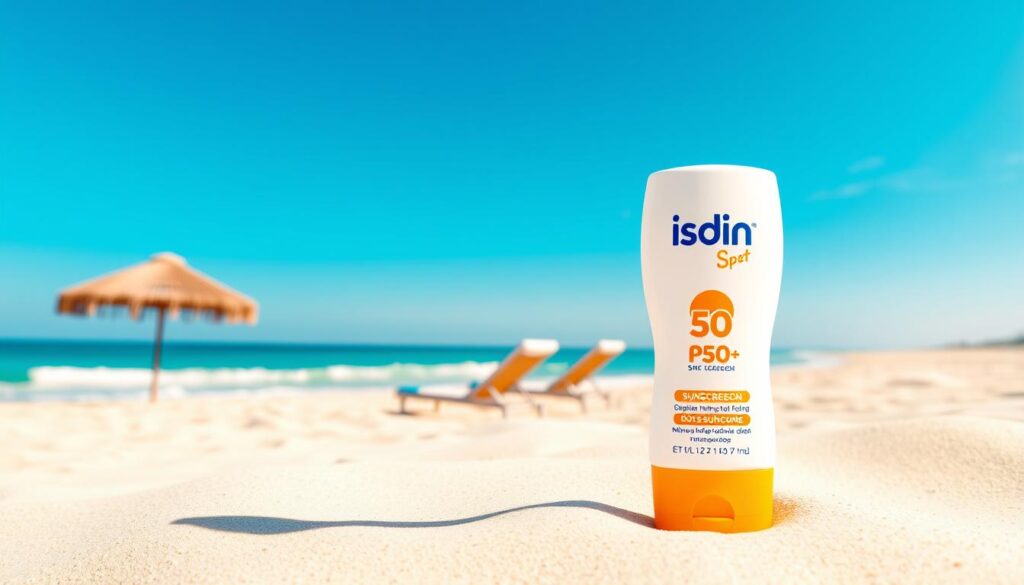 Generate an image of Isdin sunscreen product with SPF 50 on a beach background.