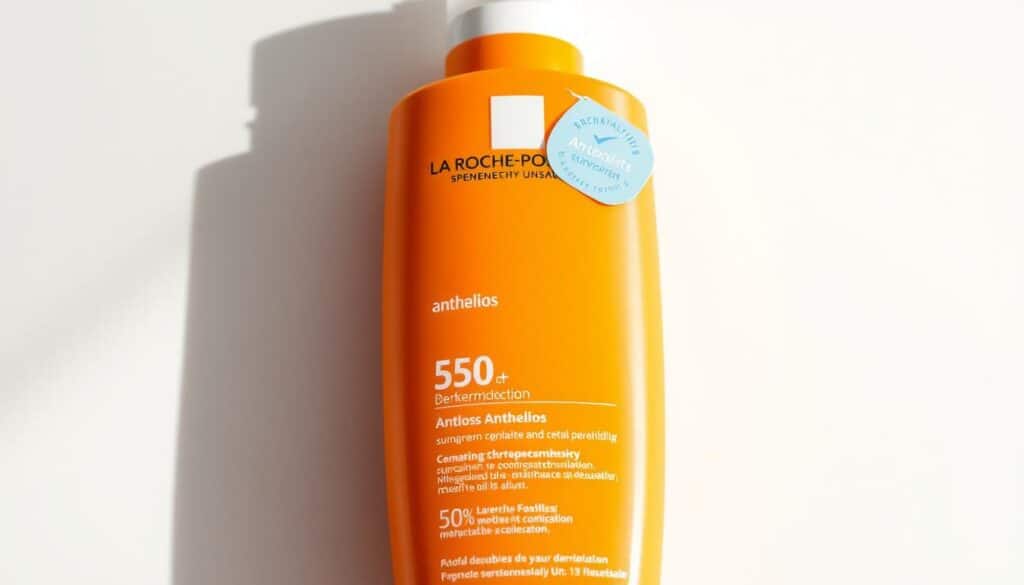 Generate an image of La Roche-Posay's Anthelios sunscreen bottle with a dermatologist's recommendation tag.