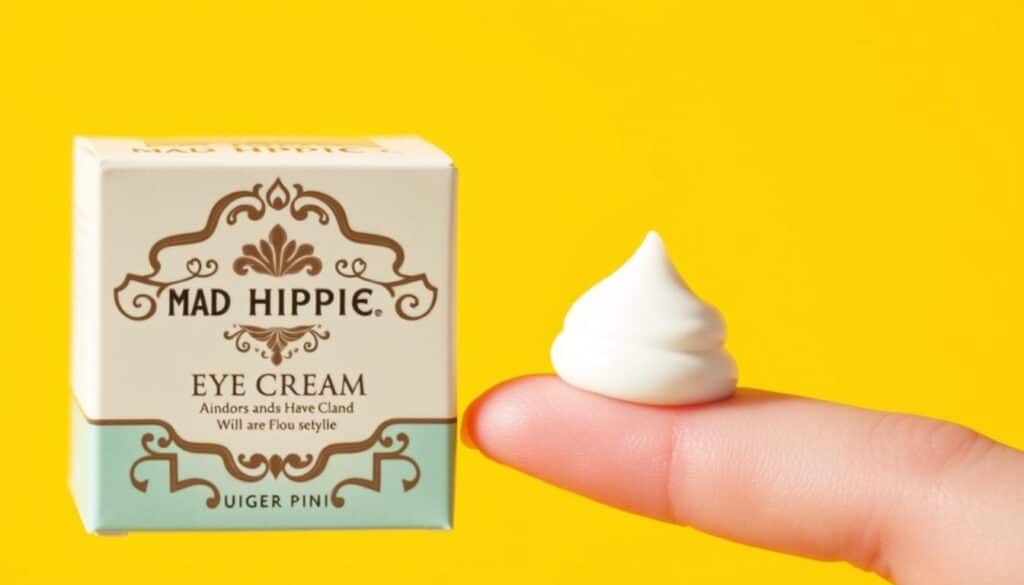 Generate an image of Mad Hippie Eye Cream packaging and a small dollop of the cream on a fingertip.