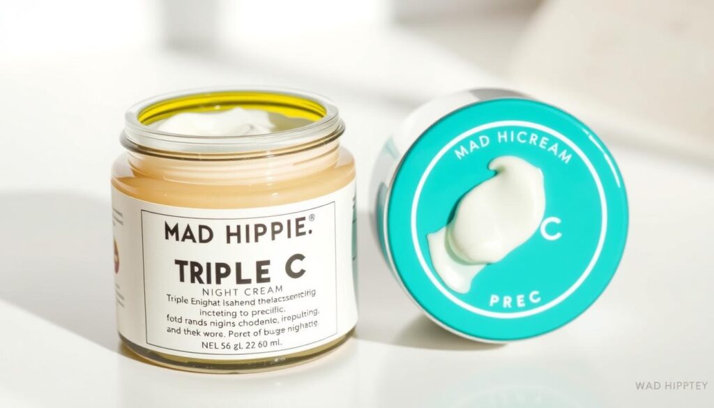 Generate an image of Mad Hippie Triple C Night Cream jar and a small amount of cream applied on the back of a hand.