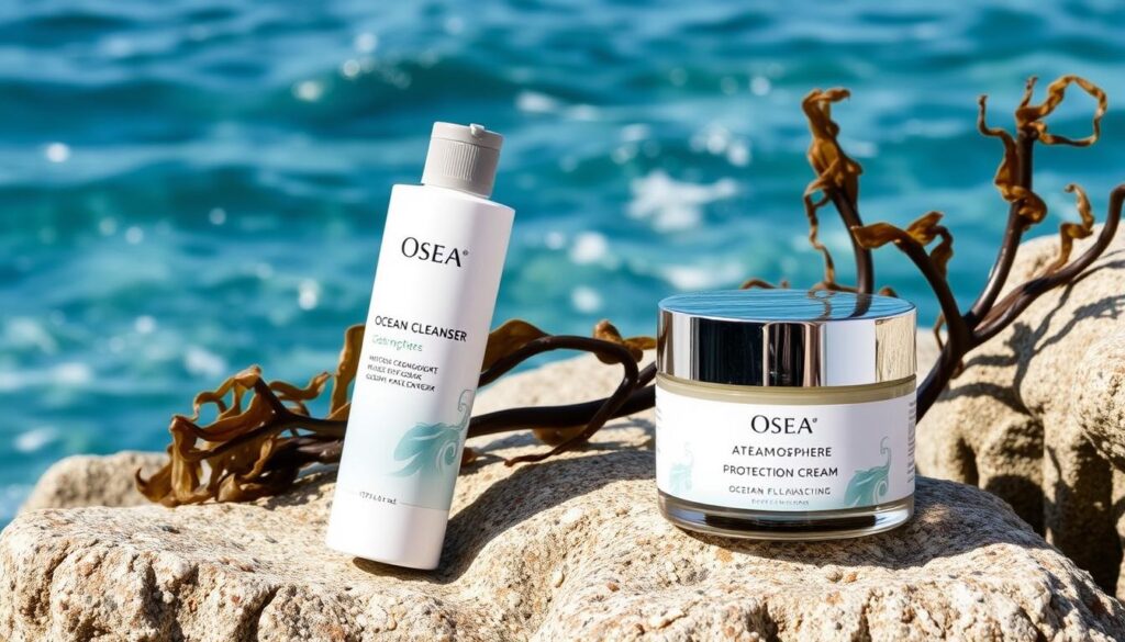 Generate an image of Osea's Ocean Cleanser and Atmosphere Protection Cream, showcasing their use of seaweed and marine ingredients.