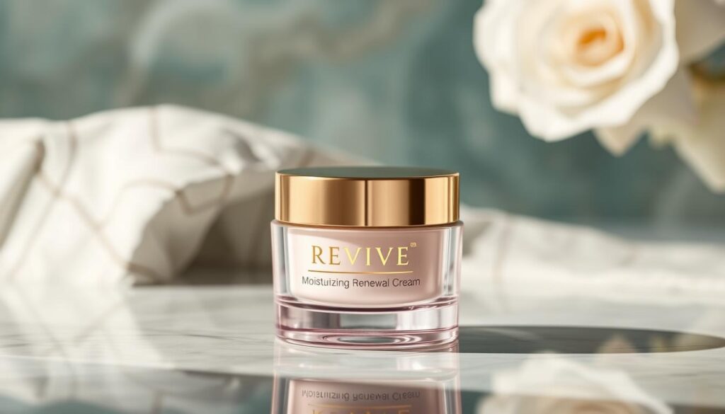 Generate an image of Revive Moisturizing Renewal Cream jar with a luxurious background
