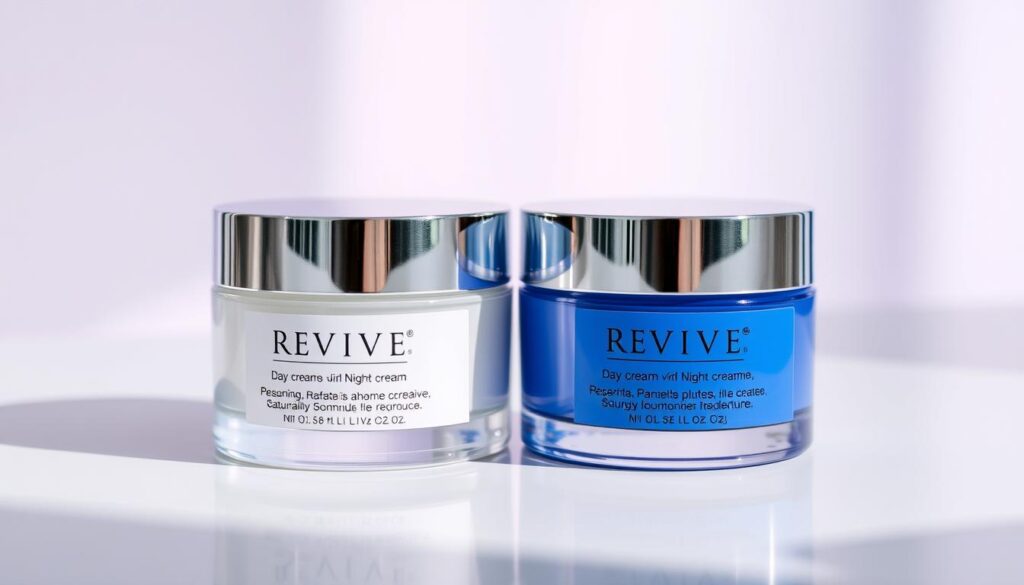Generate an image of Revive's day and night face creams side by side.