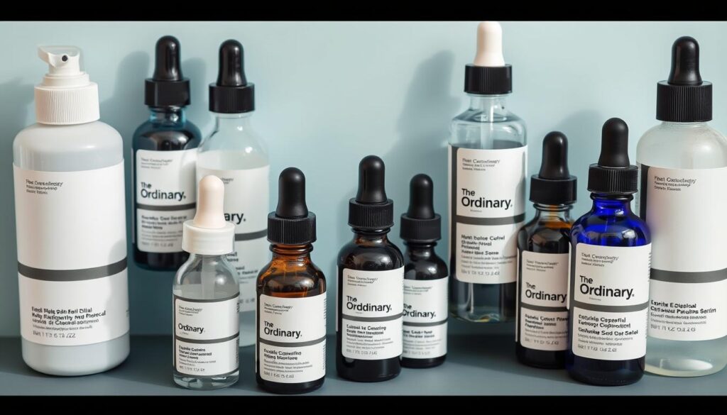 Generate an image of The Ordinary product lineup with a focus on serums and treatments. Generate an image of The Ordinary product lineup with a focus on serums and treatments.
