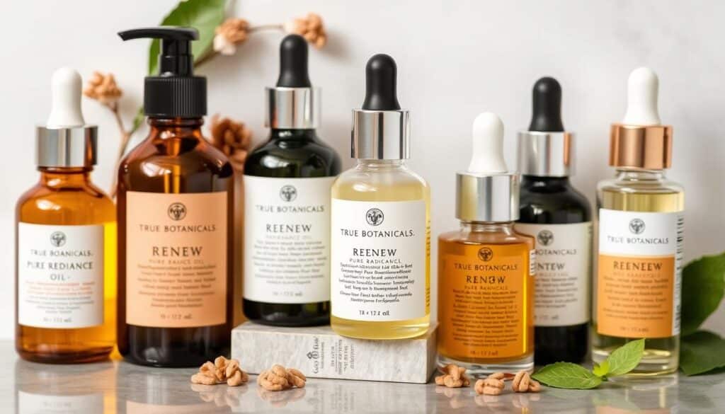 Generate an image of True Botanicals' RENEW Pure Radiance Oil and other antioxidant treatments.
