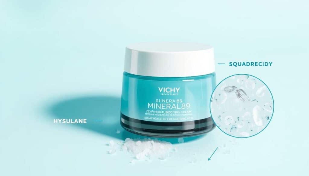 Generate an image of Vichy Minéral89 72HR Moisture Boosting Cream, emphasizing its key ingredients like squalane and hyaluronic acid.
