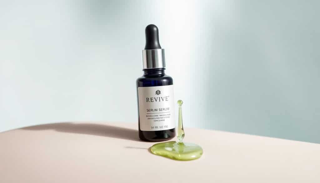 Generate an image of a Revive serum bottle with a dropper, showcasing the product's packaging and a few drops of the serum on the skin.