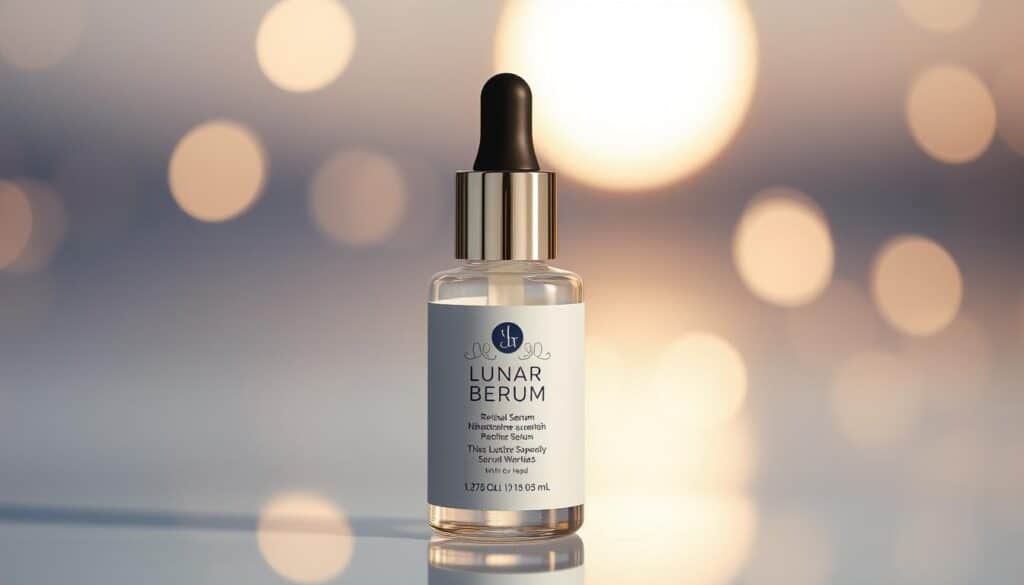 Generate an image of a bottle of Lunar Bloom Retinal Serum with a subtle, moonlit background.