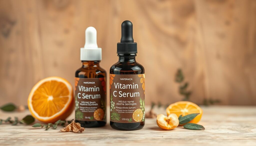 Generate an image of a bottle of Vitamin C Serum with a natural, earthy design.