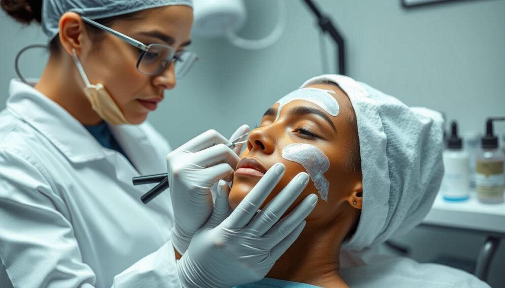 Generate an image of a chemical peel procedure for hyperpigmentation. Generate an image of a chemical peel procedure for hyperpigmentation.