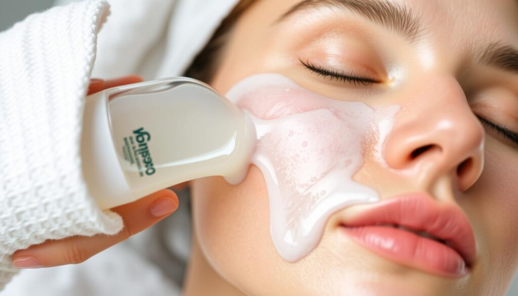 Generate an image of a gentle, effective cleanser being applied to the face.