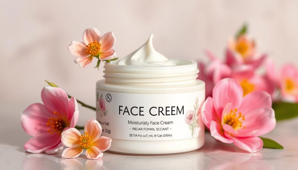 Generate an image of a jar of Face Cream with a subtle floral scent, emphasizing its moisturizing properties.