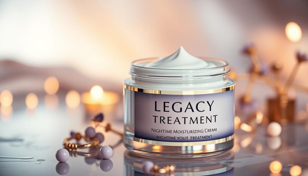 Generate an image of a luxurious nighttime moisturizing cream jar with the label "Legacy Youth Treatment" and a subtle background hinting at luxury and rejuvenation.