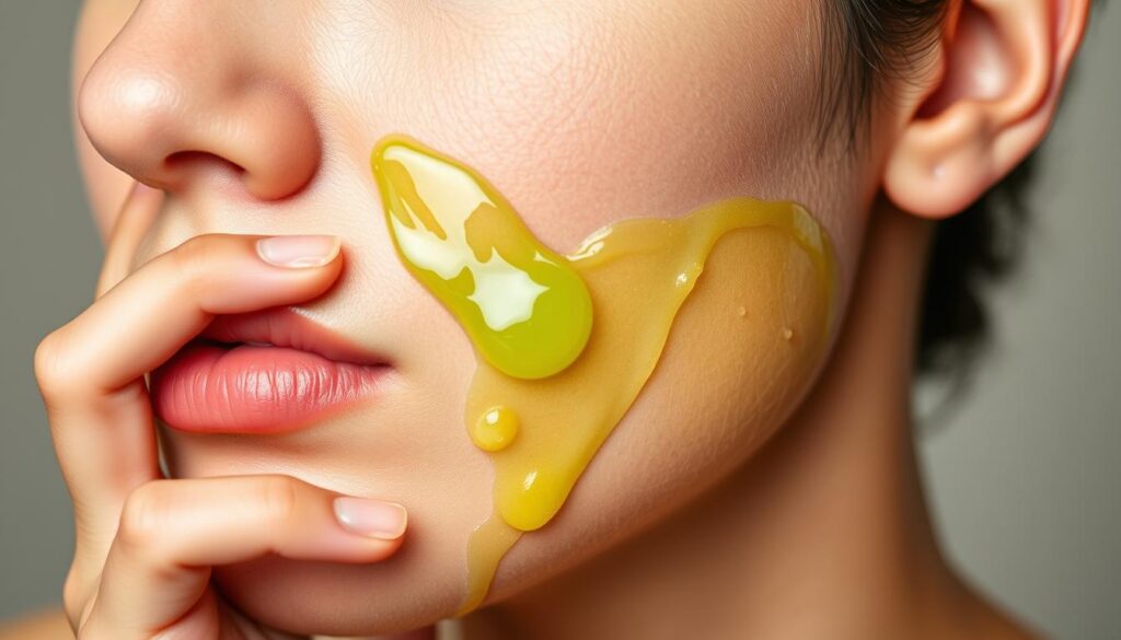 Generate an image of a person applying aloe vera gel to their skin. Generate an image of a person applying aloe vera gel to their skin.