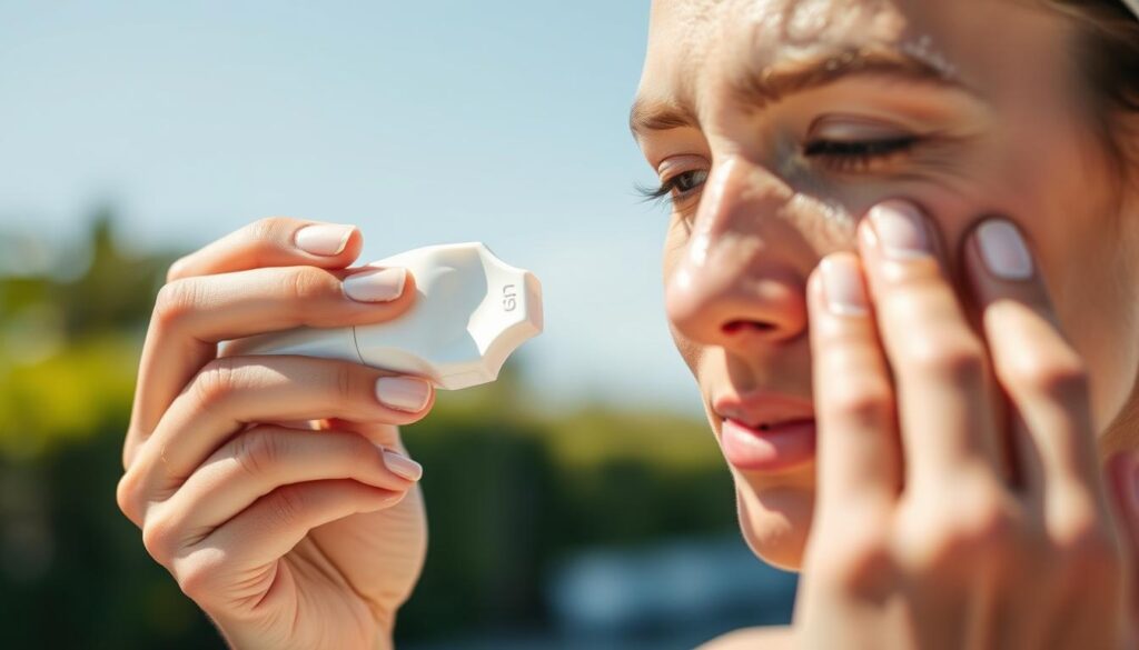 Generate an image of a person applying sunscreen to their face. Generate an image of a person applying sunscreen to their face.