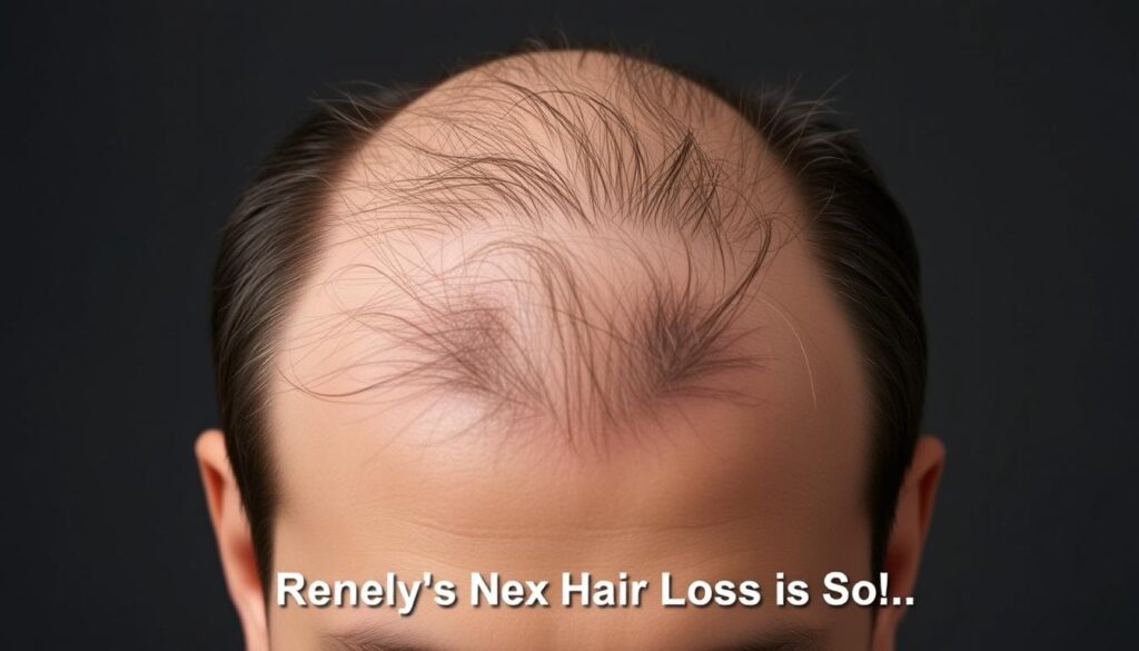 Generate an image of a person experiencing hair loss, with a caption showing the use of Musely's Hair Loss Solutions.
