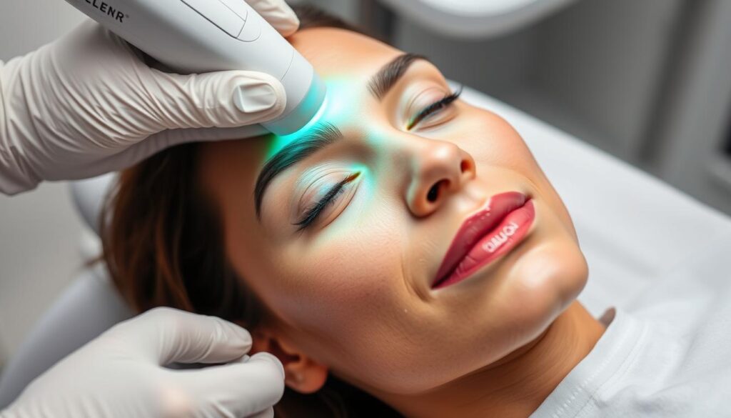 Generate an image of a person undergoing laser treatment for pigmentation removal. Generate an image of a person undergoing laser treatment for pigmentation removal.