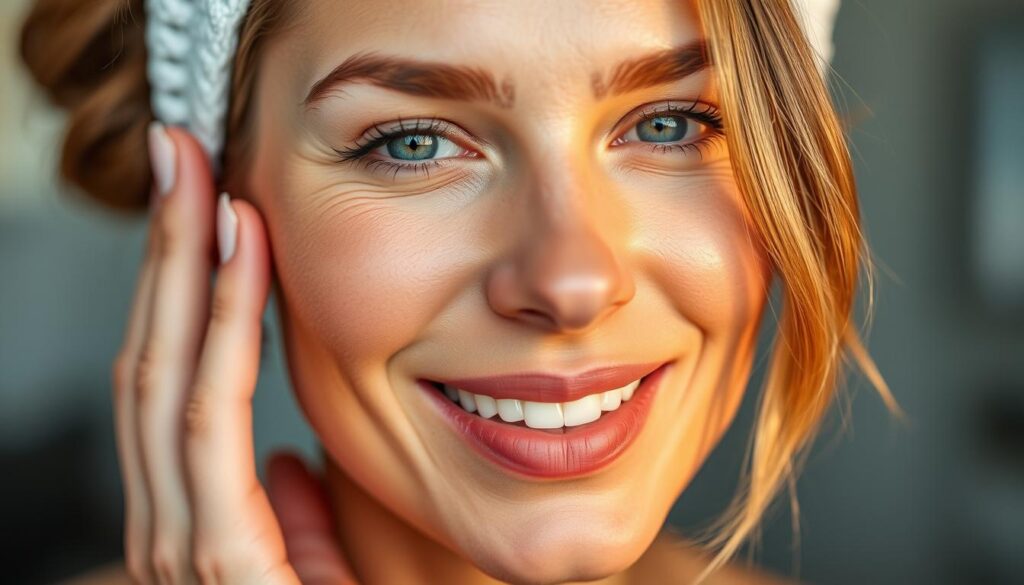 Generate an image of a person with glowing skin after using Revive Anti-Aging products