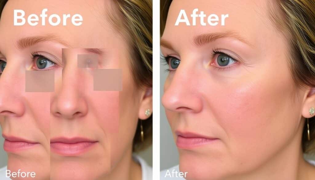 Generate an image of a person with rosacea using The Red Set, showing a before-and-after comparison.