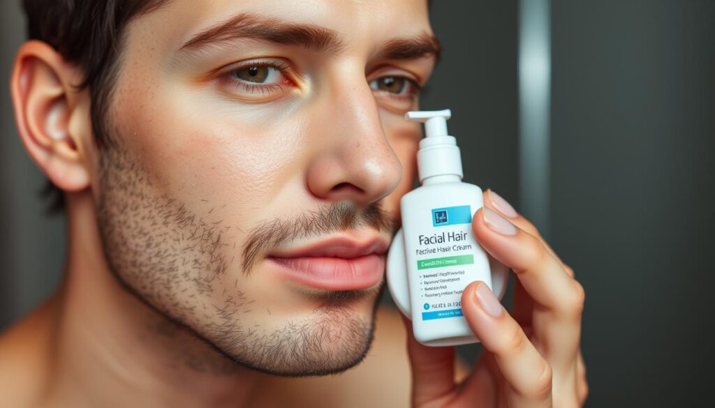 Generate an image of a person with unwanted facial hair using The Facial Hair Cream.