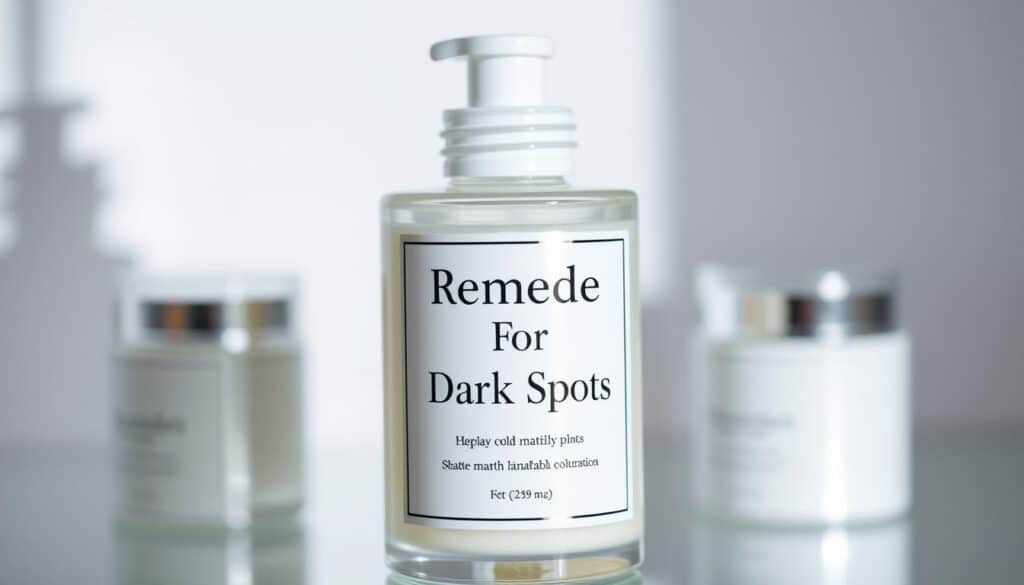 Generate an image of a product bottle with a label "Remedy For Dark Spots"