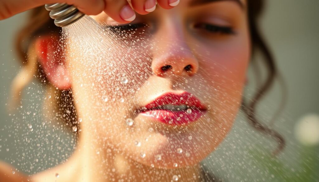 Generate an image of a refreshing, hydrating mist being spritzed onto the face.