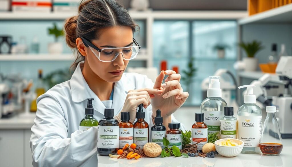 Generate an image of a scientist in a lab examining various skin care products and natural ingredients.