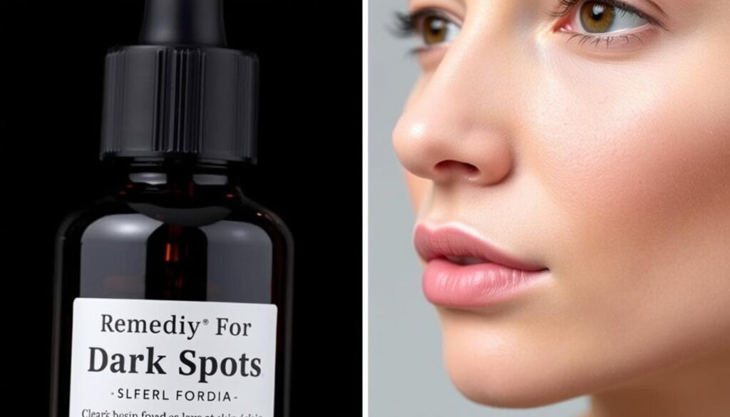 Generate an image of a serum bottle with the label "Remedy For Dark Spots" and a dark spot affected skin transitioning to a clearer skin tone.