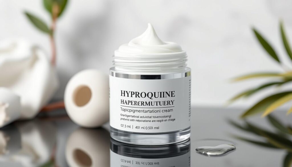 Generate an image of a topical cream containing hydroquinone for treating hyperpigmentation. Generate an image of a topical cream containing hydroquinone for treating hyperpigmentation.