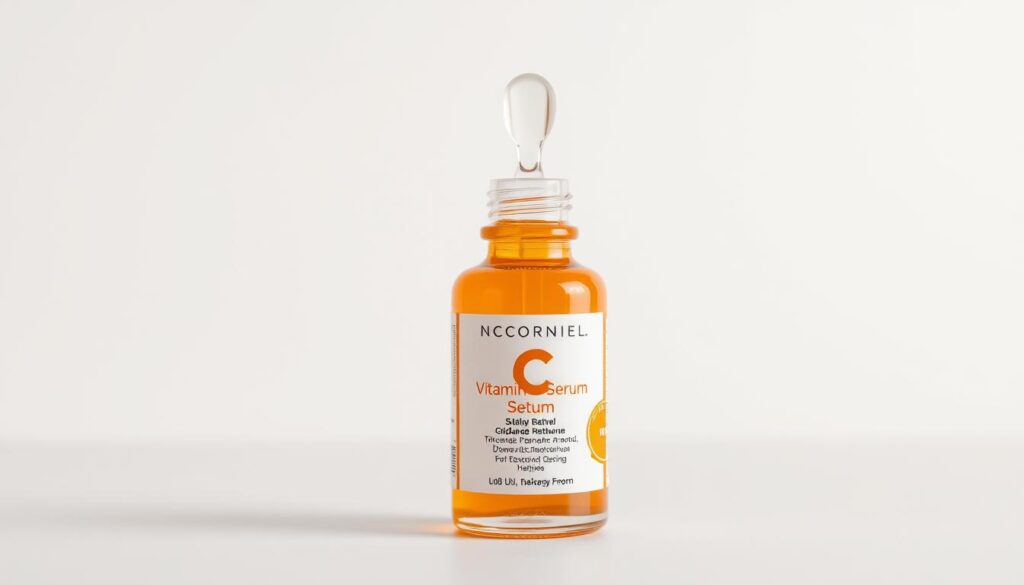 Generate an image of a vitamin C serum bottle with a dropper. Generate an image of a vitamin C serum bottle with a dropper.