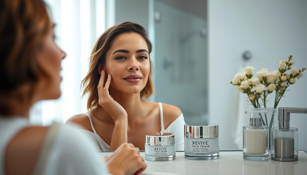 Generate an image of a woman applying Revive Face Cream
