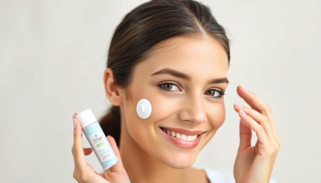 Generate an image of a woman applying The Spot Cream to her face, with a subtle background that highlights the product's benefits.