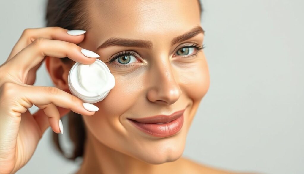 Generate an image of a woman with a radiant complexion, highlighting the anti-aging benefits of the cream.