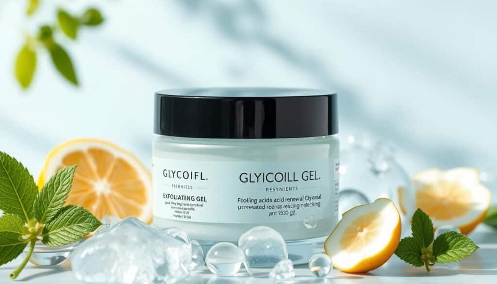 Generate an image of an exfoliating gel product with glycolic acid, emphasizing its benefits for skin renewal. Generate an image of an exfoliating gel product with glycolic acid, emphasizing its benefits for skin renewal.