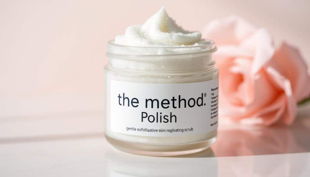 Generate an image of an exfoliating scrub container labeled "The Method: Polish" with a background suggesting gentle exfoliation and smooth skin.