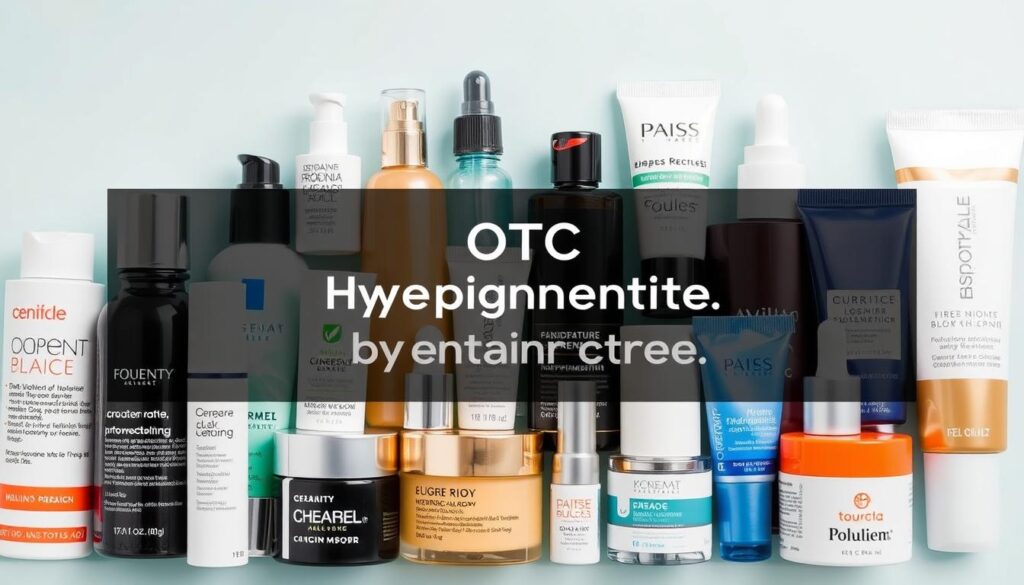 Generate an image of various OTC hyperpigmentation treatment products