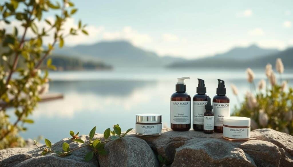 Generate an image representing Ursa Major's skincare philosophy: a serene natural landscape with elements of skincare products.