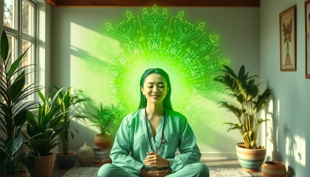 Green aura around a healing professional