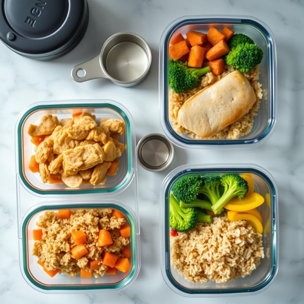 Healthy meal prep containers showing balanced nutrition planning