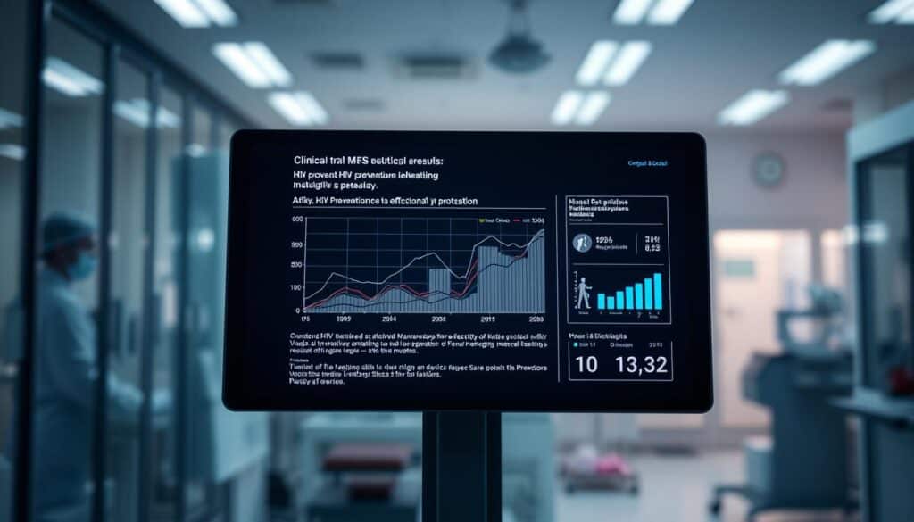 High-contrast clinical trial results shown on a sleek display with minimal UI elements. The screen shows a detailed graph charting HIV prevention efficacy data, accompanied by concise statistical information. Ambient lighting casts a professional, authoritative tone. The background features a blurred medical laboratory setting, conveying a sense of scientific rigor and medical innovation. The overall composition strikes a balance between data-driven insights and a clean, modern aesthetic suitable for a leading edge medical study.